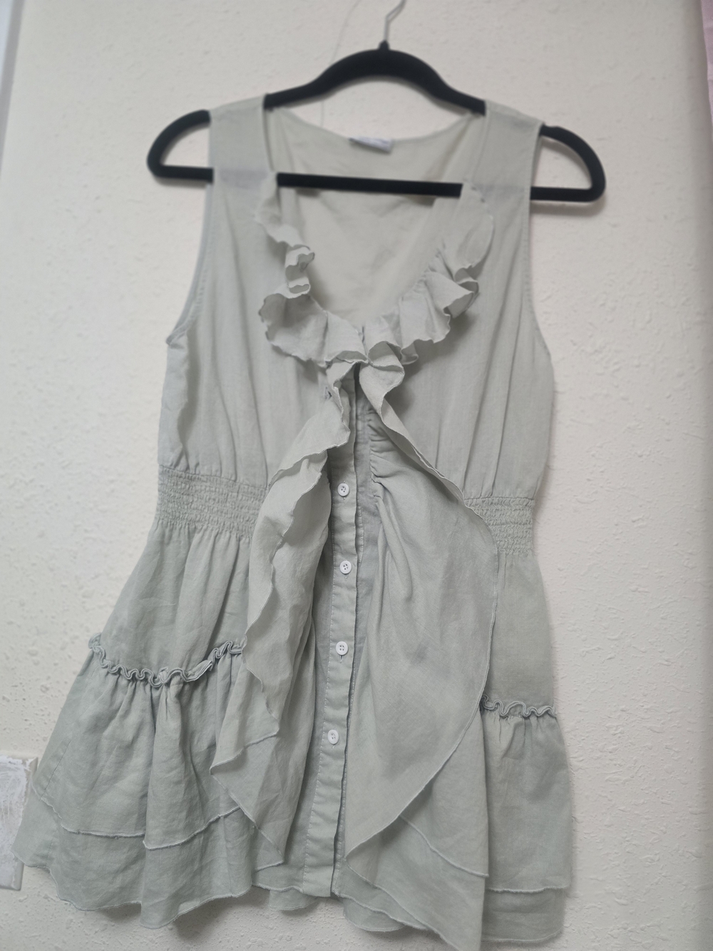 Tasha Polizzi Sage Green Ruffled Sleeveless Button-Front Top